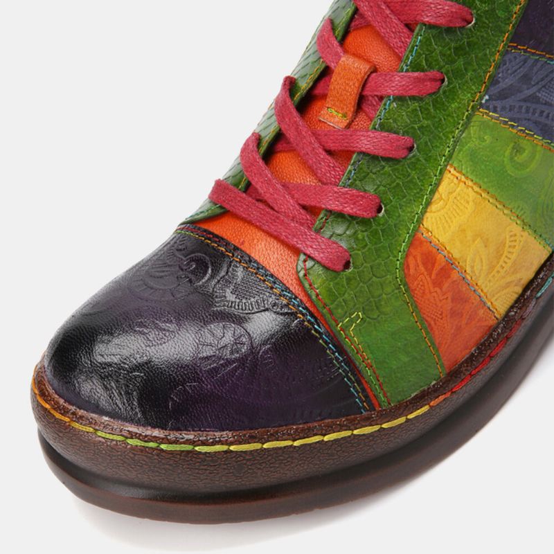 Casual Lace Up Rainbow Print Szwy Mokasyny Buty Damskie Skórzane Wygodne Mieszkania