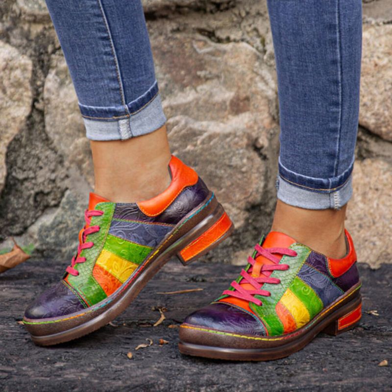 Casual Lace Up Rainbow Print Szwy Mokasyny Buty Damskie Skórzane Wygodne Mieszkania