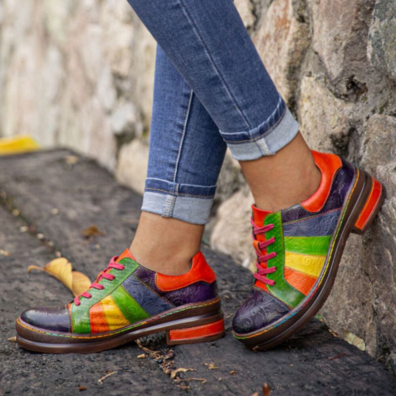 Casual Lace Up Rainbow Print Szwy Mokasyny Buty Damskie Skórzane Wygodne Mieszkania