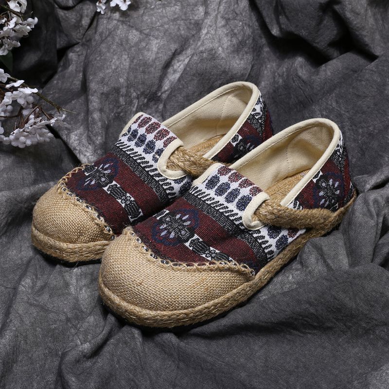 Damskie Lniane Słomkowe Wzór Casual Slip On Espadrille Płaskie Mokasyny