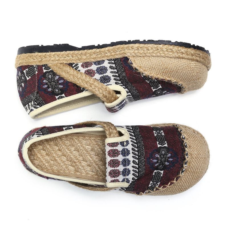 Damskie Lniane Słomkowe Wzór Casual Slip On Espadrille Płaskie Mokasyny