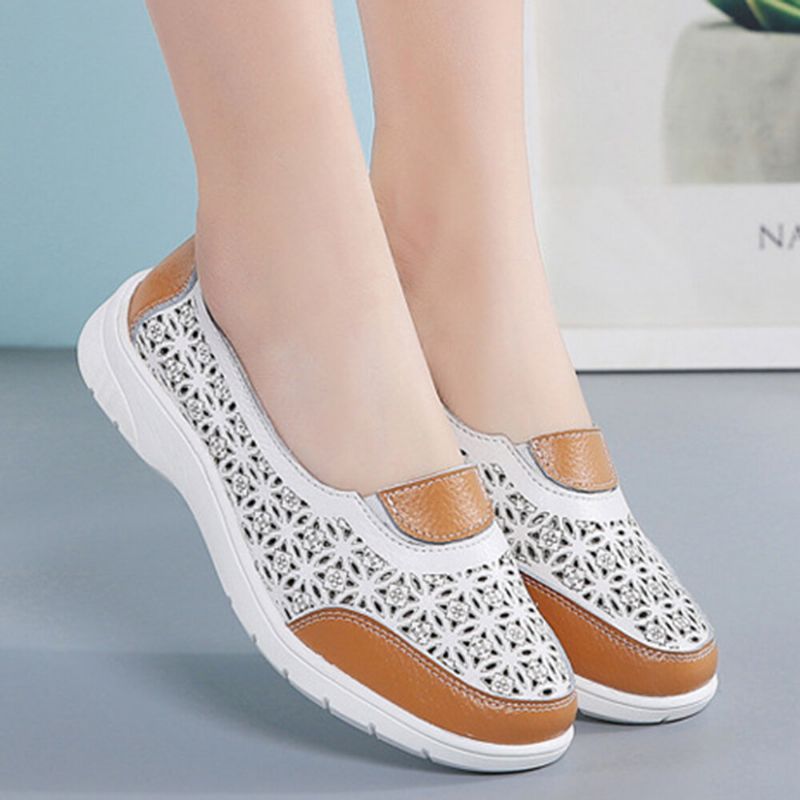 Kobiety Hollow Leather Slip On Solid Color Soft Sole Flats