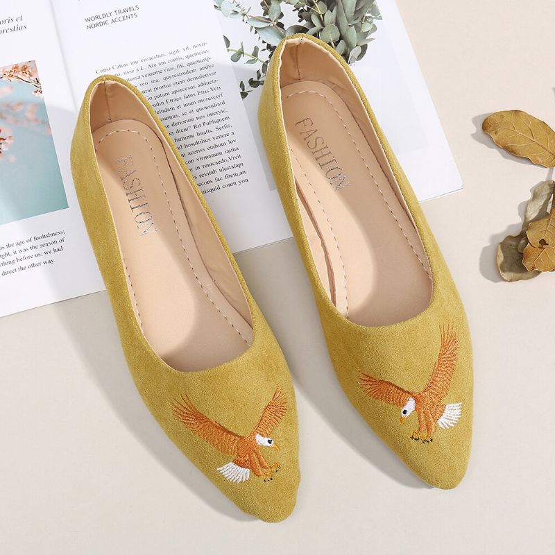 Kobiety Pointed Toe Suede Bird Haftowane Decor Mieszkania Buty