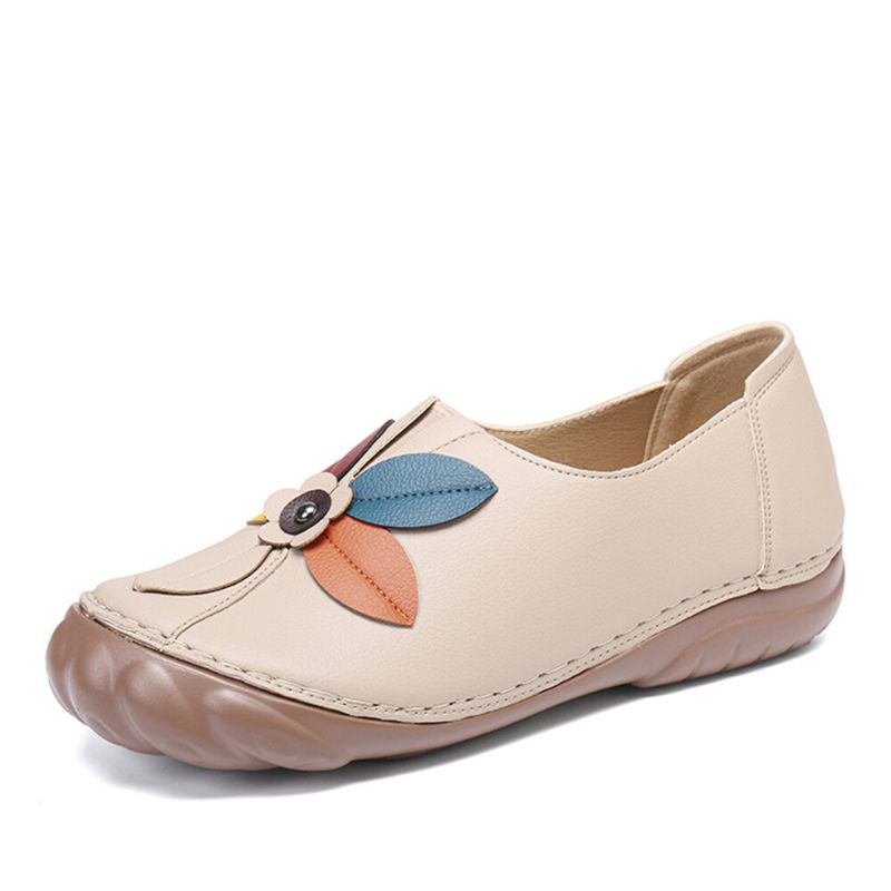 Kobiety Retro Szwy Kwiatowe Wygodne Okrągłe Toe Slip On Płaskie Mokasyny