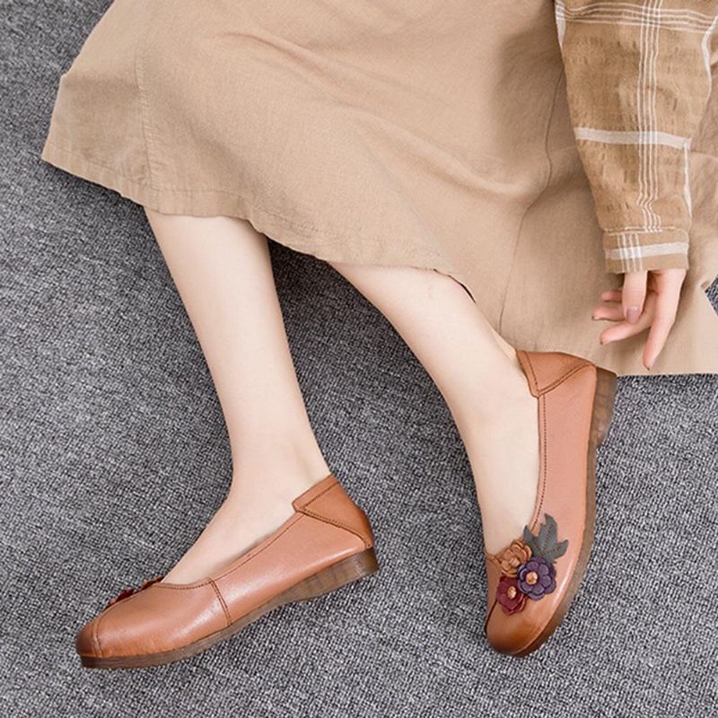 Kobiety Vintage Floral Okrągły Toe Prawdziwej Skóry Miękka Podeszwa Slip On Wygodne Mieszkania