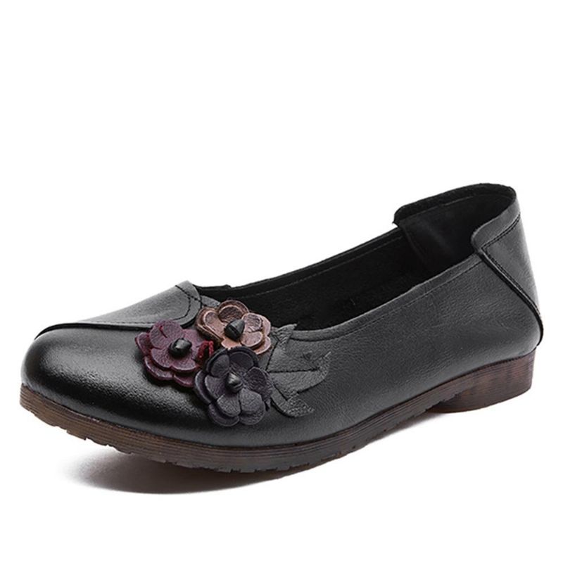 Kobiety Vintage Floral Okrągły Toe Prawdziwej Skóry Miękka Podeszwa Slip On Wygodne Mieszkania