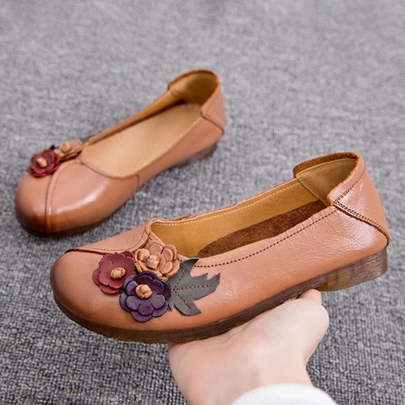 Kobiety Vintage Floral Okrągły Toe Prawdziwej Skóry Miękka Podeszwa Slip On Wygodne Mieszkania