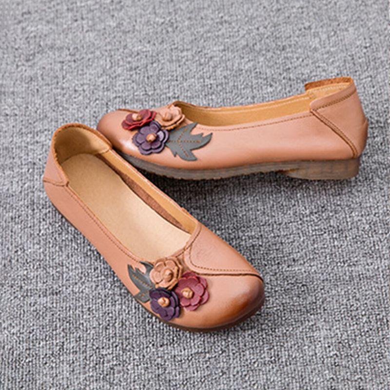 Kobiety Vintage Floral Okrągły Toe Prawdziwej Skóry Miękka Podeszwa Slip On Wygodne Mieszkania