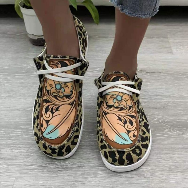 Kobiety W Dużych Rozmiarach Z Nadrukiem W Paski Leopard Canvas Elastyczna Opaska Zasznurować Płaskie Buty Na Co Dzień