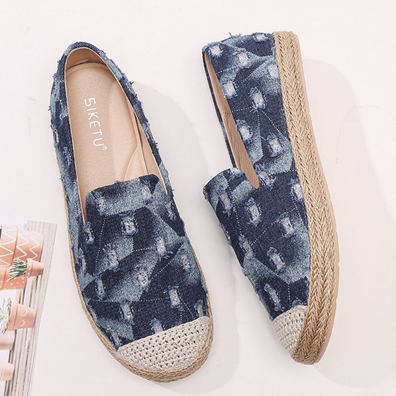 Kobiety Wygodne Denim Ripped Design Espadryle Płaskie Mokasyny