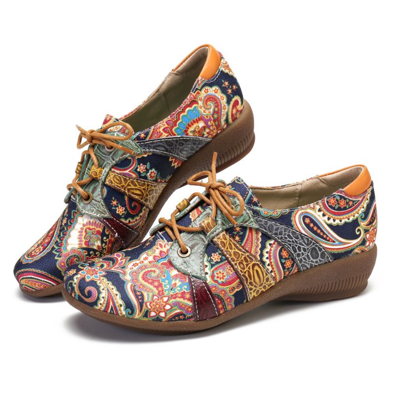 Paisley Retor Floral Łączenie Styl Folkways Okrągłe Toe Sznurowane Płaskie Buty