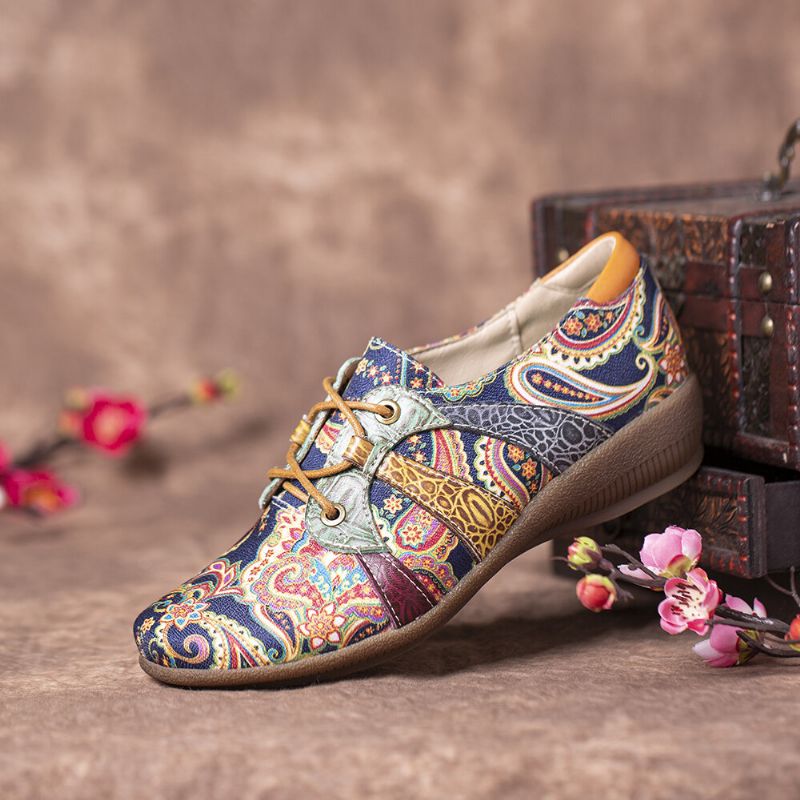 Paisley Retor Floral Łączenie Styl Folkways Okrągłe Toe Sznurowane Płaskie Buty