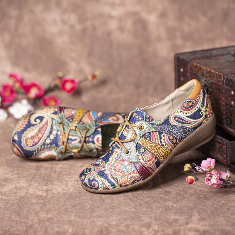 Paisley Retor Floral Łączenie Styl Folkways Okrągłe Toe Sznurowane Płaskie Buty