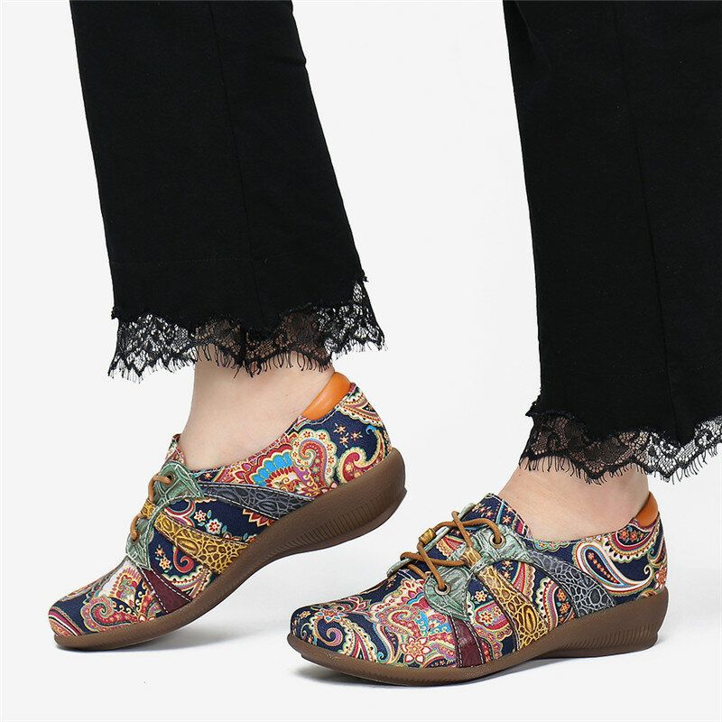 Paisley Retor Floral Łączenie Styl Folkways Okrągłe Toe Sznurowane Płaskie Buty