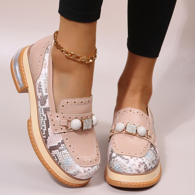 Plus Size Damskie Casual Fashion Rhinestone Decor Snakeskin Colorblock Loafers Buty