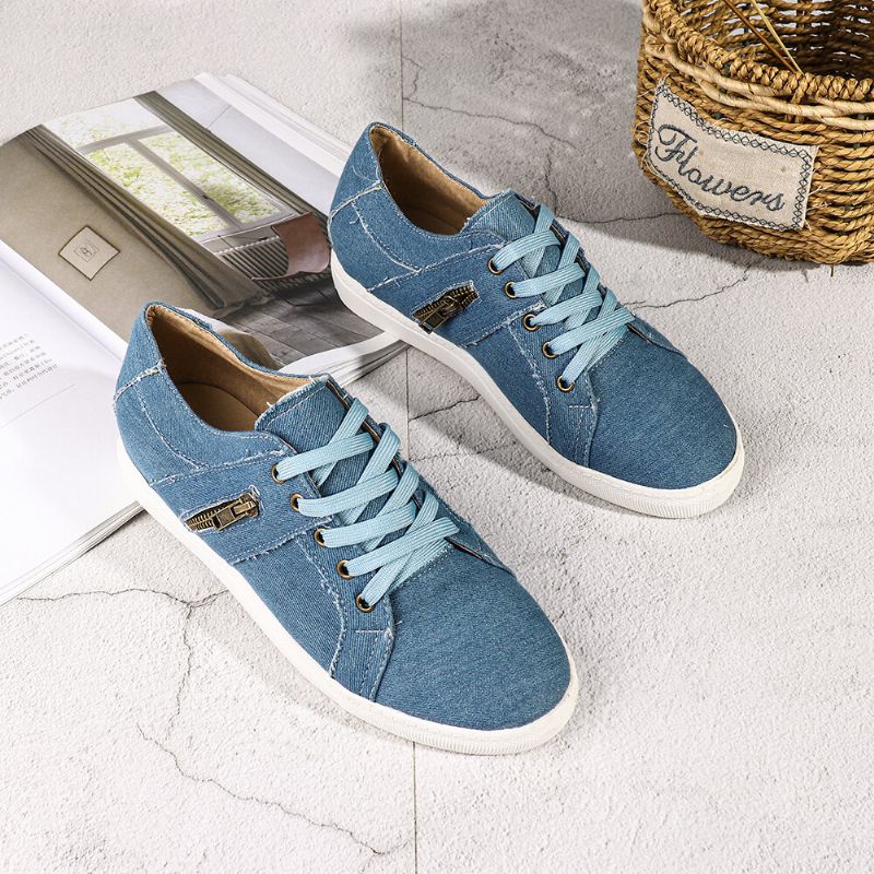 Plus Size Kobiety Retro Zipper Decor Canvas Lace Up Płaskie Casual Buty