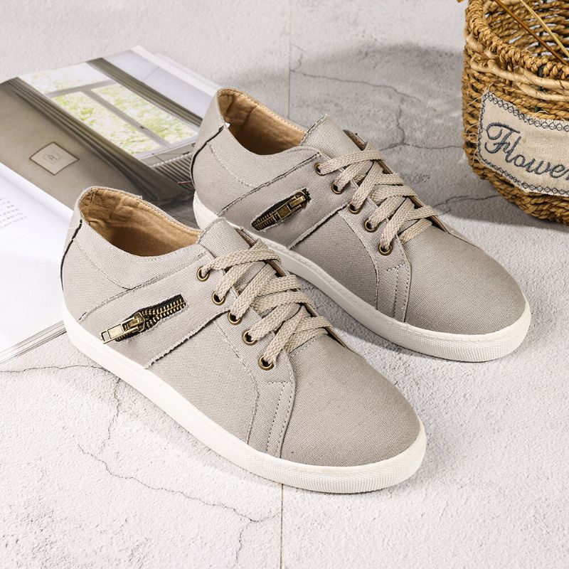 Plus Size Kobiety Retro Zipper Decor Canvas Lace Up Płaskie Casual Buty