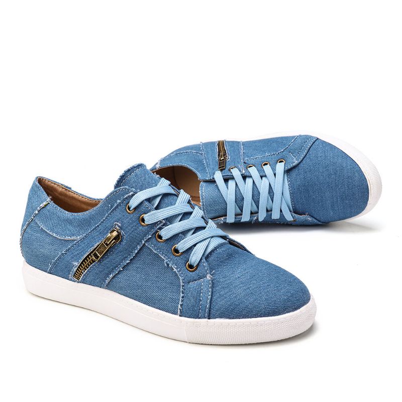 Plus Size Kobiety Retro Zipper Decor Canvas Lace Up Płaskie Casual Buty