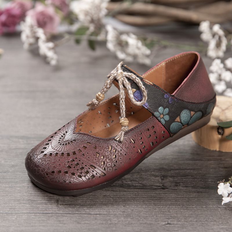 Retro Hollow Floral Soft Sole Węzeł Okrągły Toe Pasek Kostki Płaskie Buty