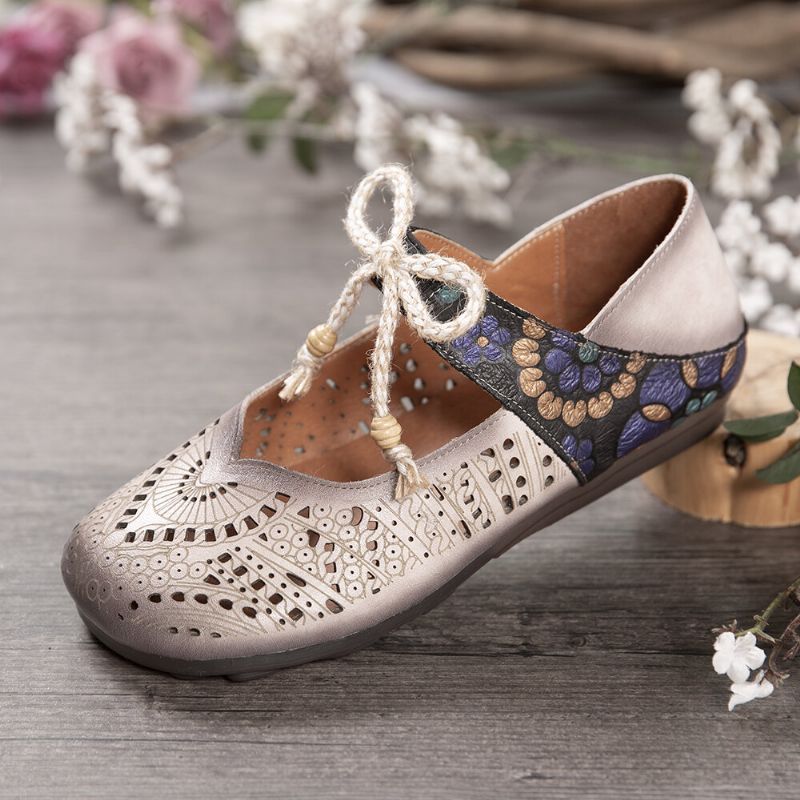 Retro Hollow Floral Soft Sole Węzeł Okrągły Toe Pasek Kostki Płaskie Buty