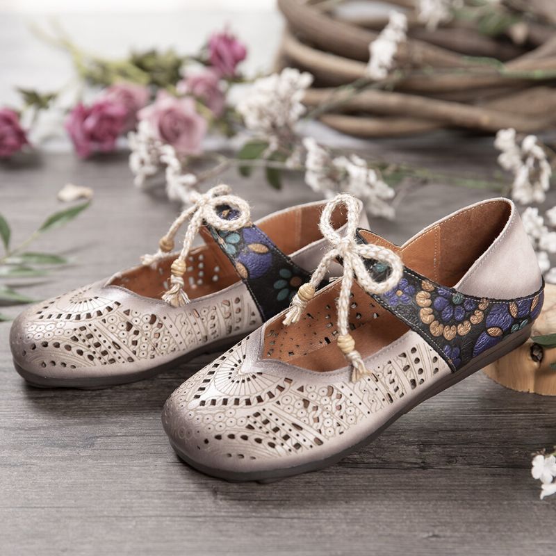 Retro Hollow Floral Soft Sole Węzeł Okrągły Toe Pasek Kostki Płaskie Buty