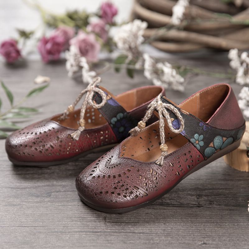 Retro Hollow Floral Soft Sole Węzeł Okrągły Toe Pasek Kostki Płaskie Buty