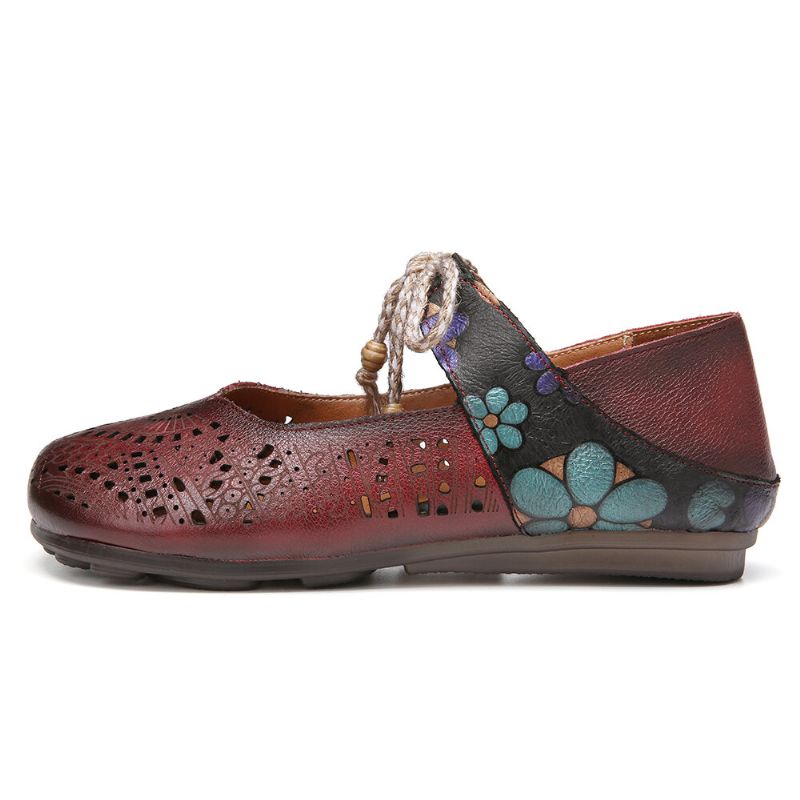 Retro Hollow Floral Soft Sole Węzeł Okrągły Toe Pasek Kostki Płaskie Buty