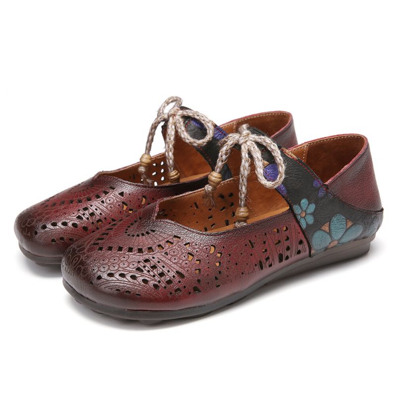 Retro Hollow Floral Soft Sole Węzeł Okrągły Toe Pasek Kostki Płaskie Buty