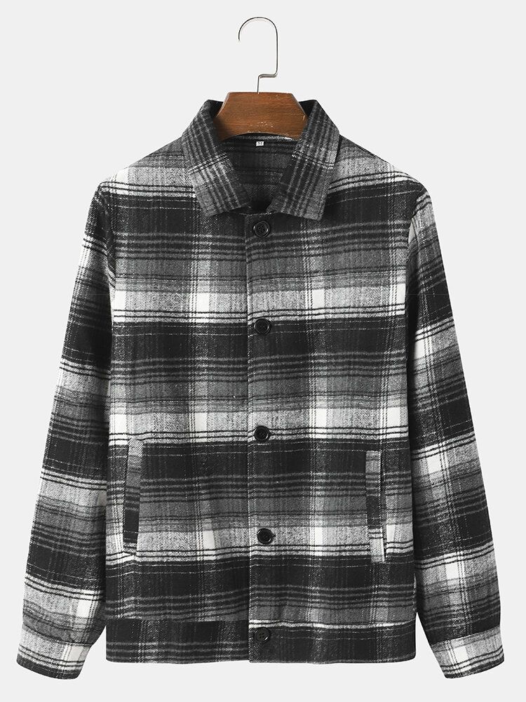 Mężczyźni Street Plaid Cotton Lapel Kontrastowe Kieszenie Koszule Kurtki