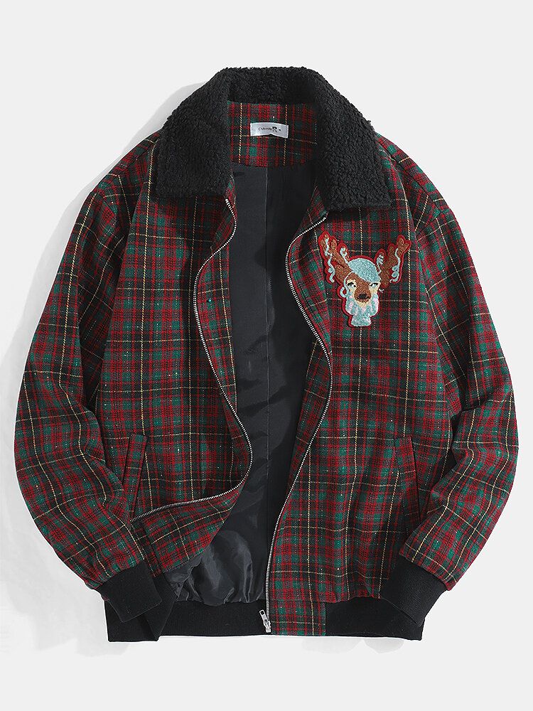 Męska Kreskówka Elk Graphics Vintage Plaid Borg Collar Jacket Z Kieszenią