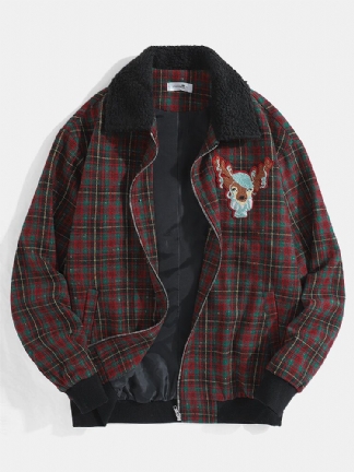 Męska Kreskówka Elk Graphics Vintage Plaid Borg Collar Jacket Z Kieszenią