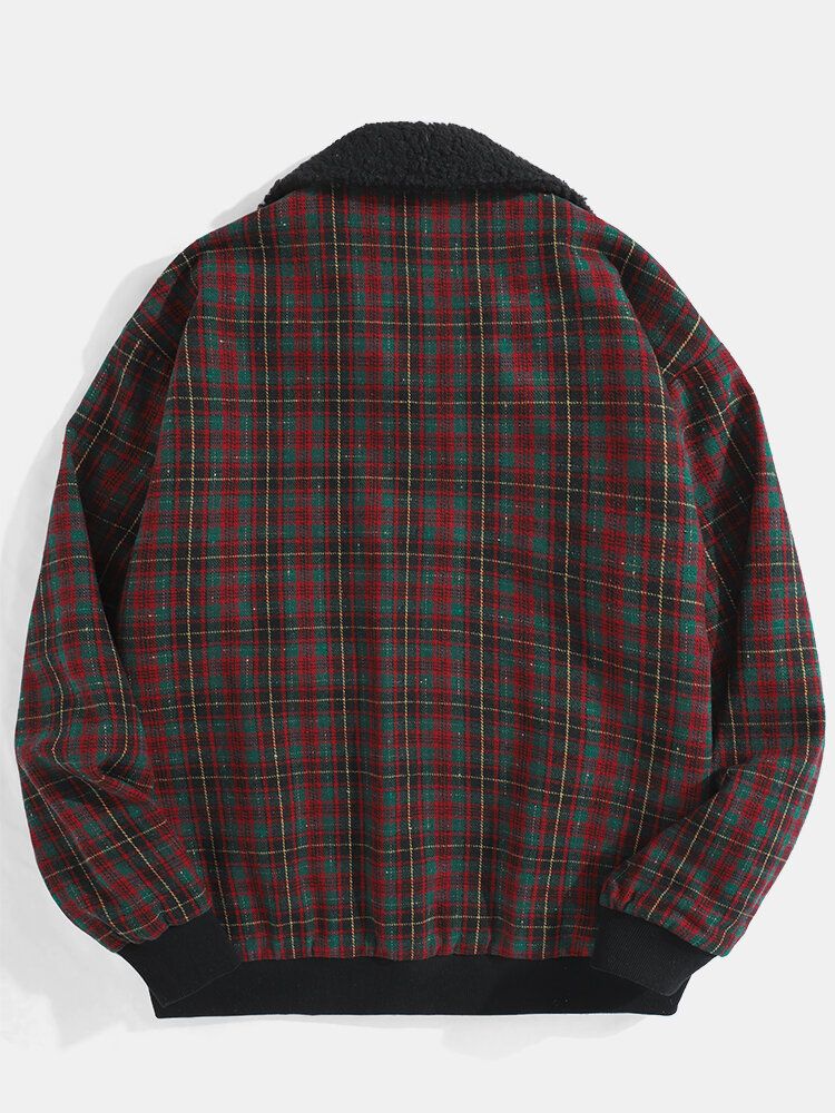 Męska Kreskówka Elk Graphics Vintage Plaid Borg Collar Jacket Z Kieszenią