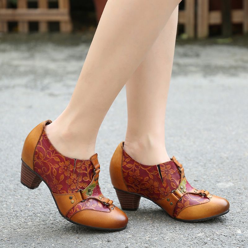 Cowgirl Ręcznie Malowane Retro Kwiaty Wzór Nit Prawdziwej Skóry Niski Obcas Slip On Pumps