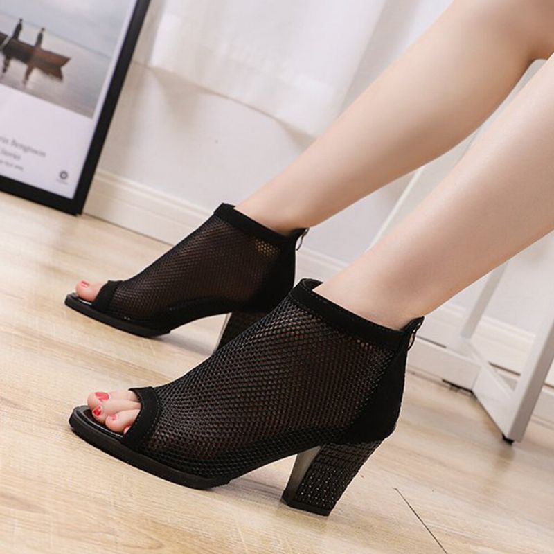 Kobiety Casual Mesh Oddychająca Masywny Obcas Hollow Out Peep-toe Pumps Buty