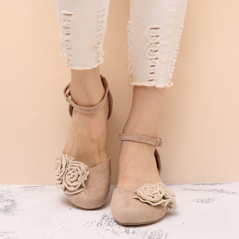 Kobiety Vintage Flower Decoration Okrągły Toe Ankle Strap Hook Loop Casual Obcasy CZółenka