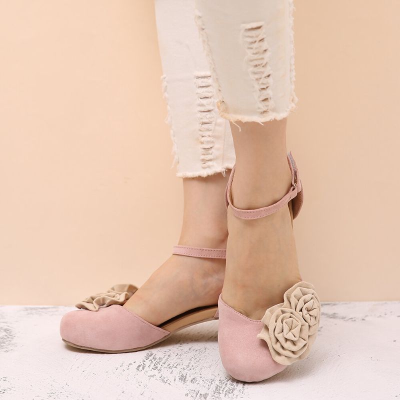 Kobiety Vintage Flower Decoration Okrągły Toe Ankle Strap Hook Loop Casual Obcasy CZółenka