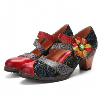 Pętelka Z Prawdziwej Skóry Wygodne Retro Colorblock Floral Decor Mary Jane Heels