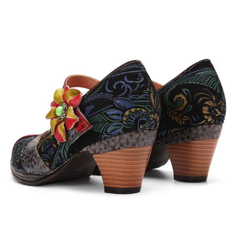 Pętelka Z Prawdziwej Skóry Wygodne Retro Colorblock Floral Decor Mary Jane Heels