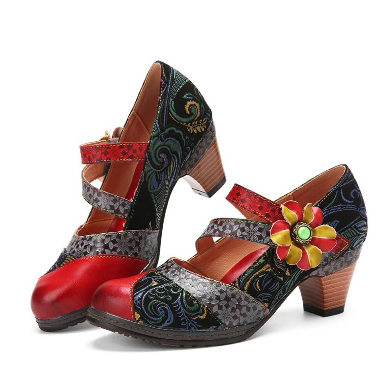 Pętelka Z Prawdziwej Skóry Wygodne Retro Colorblock Floral Decor Mary Jane Heels