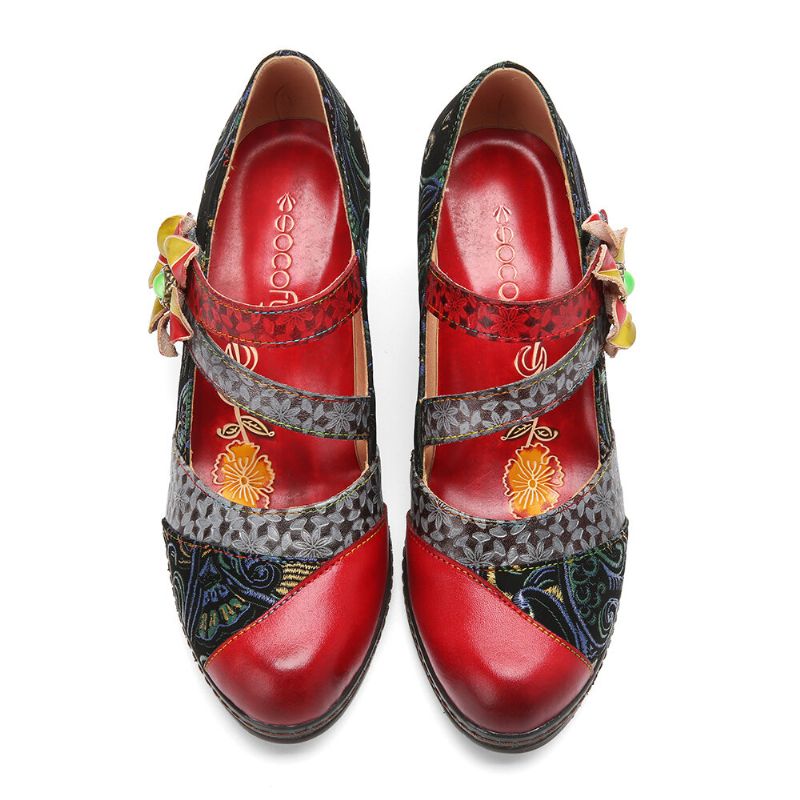 Pętelka Z Prawdziwej Skóry Wygodne Retro Colorblock Floral Decor Mary Jane Heels