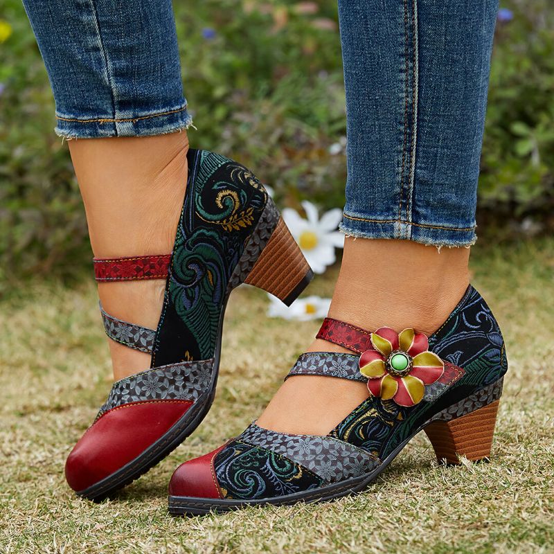 Pętelka Z Prawdziwej Skóry Wygodne Retro Colorblock Floral Decor Mary Jane Heels