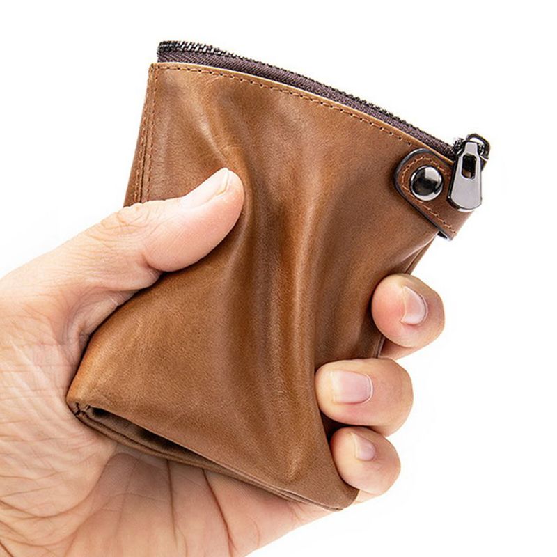 Męski Portfel Z Prawdziwej Skóry Vintage Zipper Hasp Z Wieloma Gniazdami Na Karty Bifold Short Wallet