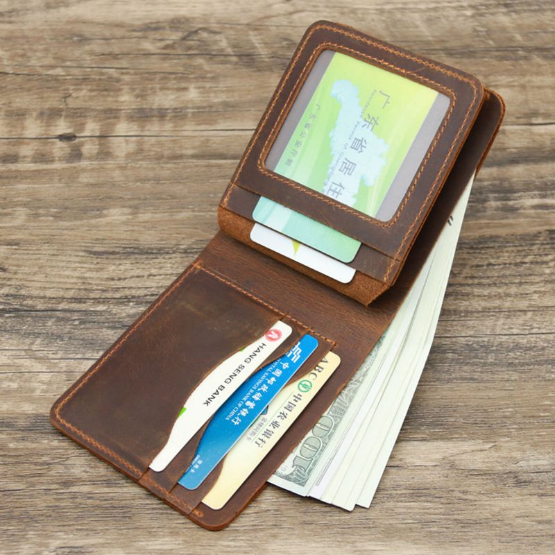 Męski Portfel Z Prawdziwej Skóry W Stylu Vintage Trwały Lekki Portfel Retro Business Tri-fold Wallet