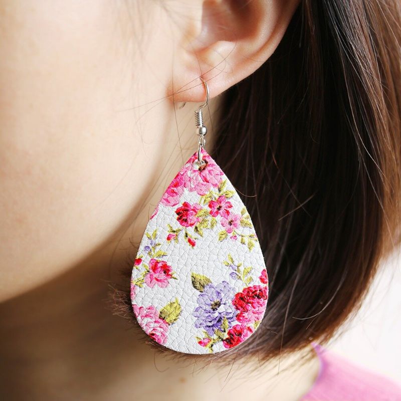 Vintage Flower Ear Drop Kolczyki Pu Skórzane Kolczyki Kropla Wody Dla Kobiet