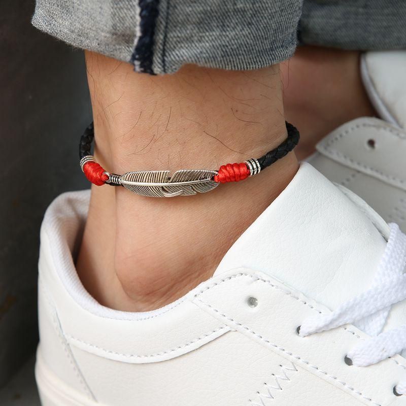 Vintage Unisex Anklet Bransoletka Lucky Red Rope Etniczne Pióro Charm Anklet Dla Kobiet Mężczyzn