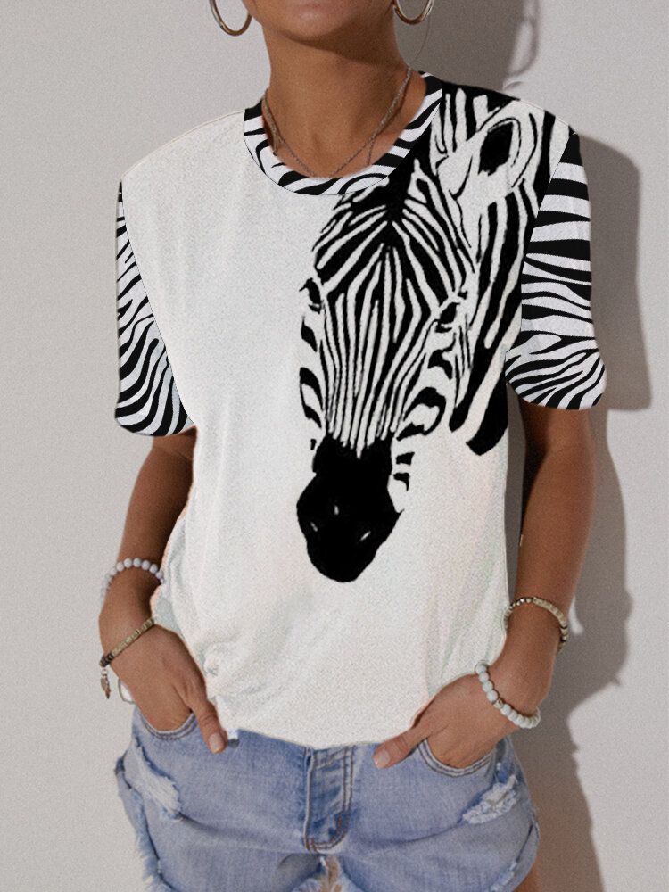 Cartoon Animal Print O-neck Z Krótkim Rękawem Casual T-shirt Dla Kobiet