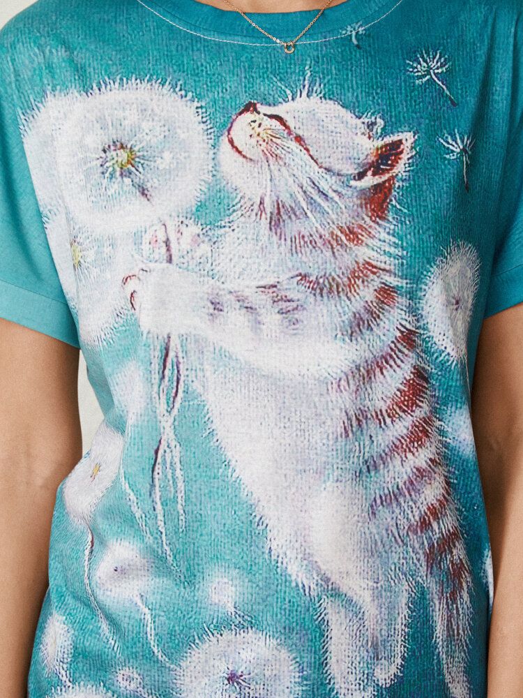 Cartoon Flower Cat Print Z Krótkim Rękawem O-neck Casual T-shirt