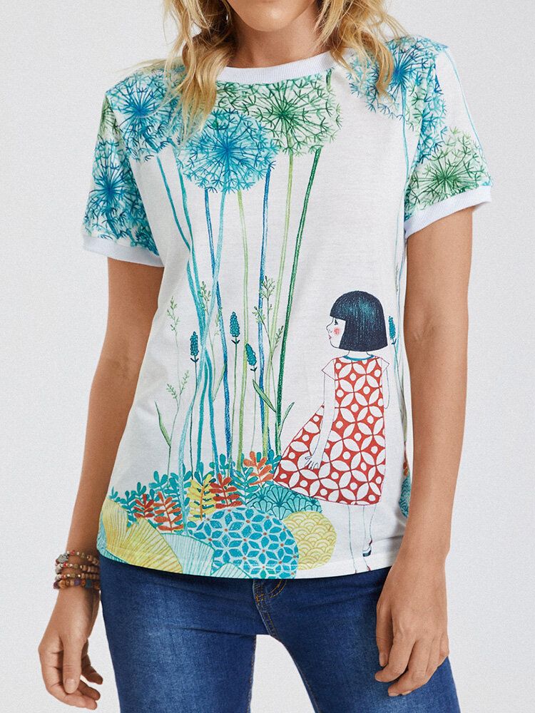 Cartoon Girl Print O-neck Z Krótkim Rękawem Casual T-shirt Dla Kobiet