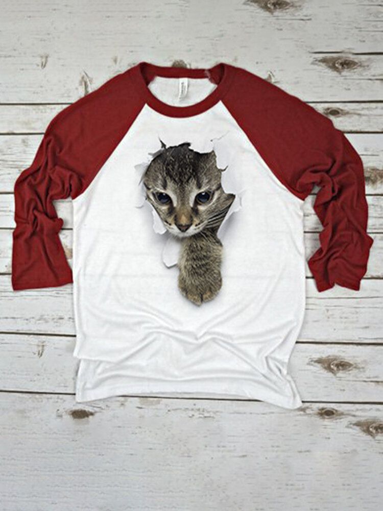 Damska Koszulka 3d Cat Chest Print Patchwork Raglanowy Rękaw Z Okrągłym Dekoltem Przyczynowy T-shirt