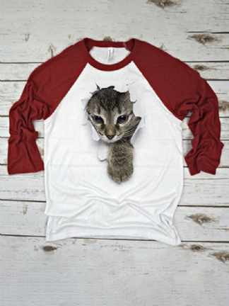 Damska Koszulka 3d Cat Chest Print Patchwork Raglanowy Rękaw Z Okrągłym Dekoltem Przyczynowy T-shirt